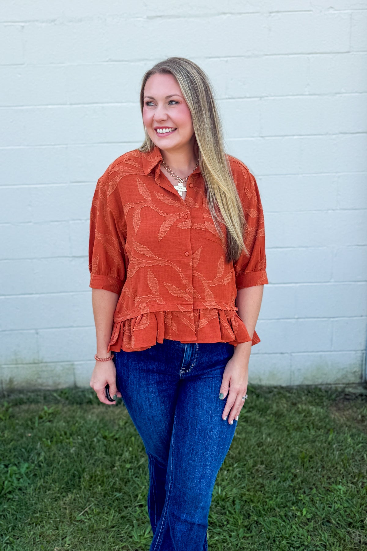 Rust Textured Ruffle Top