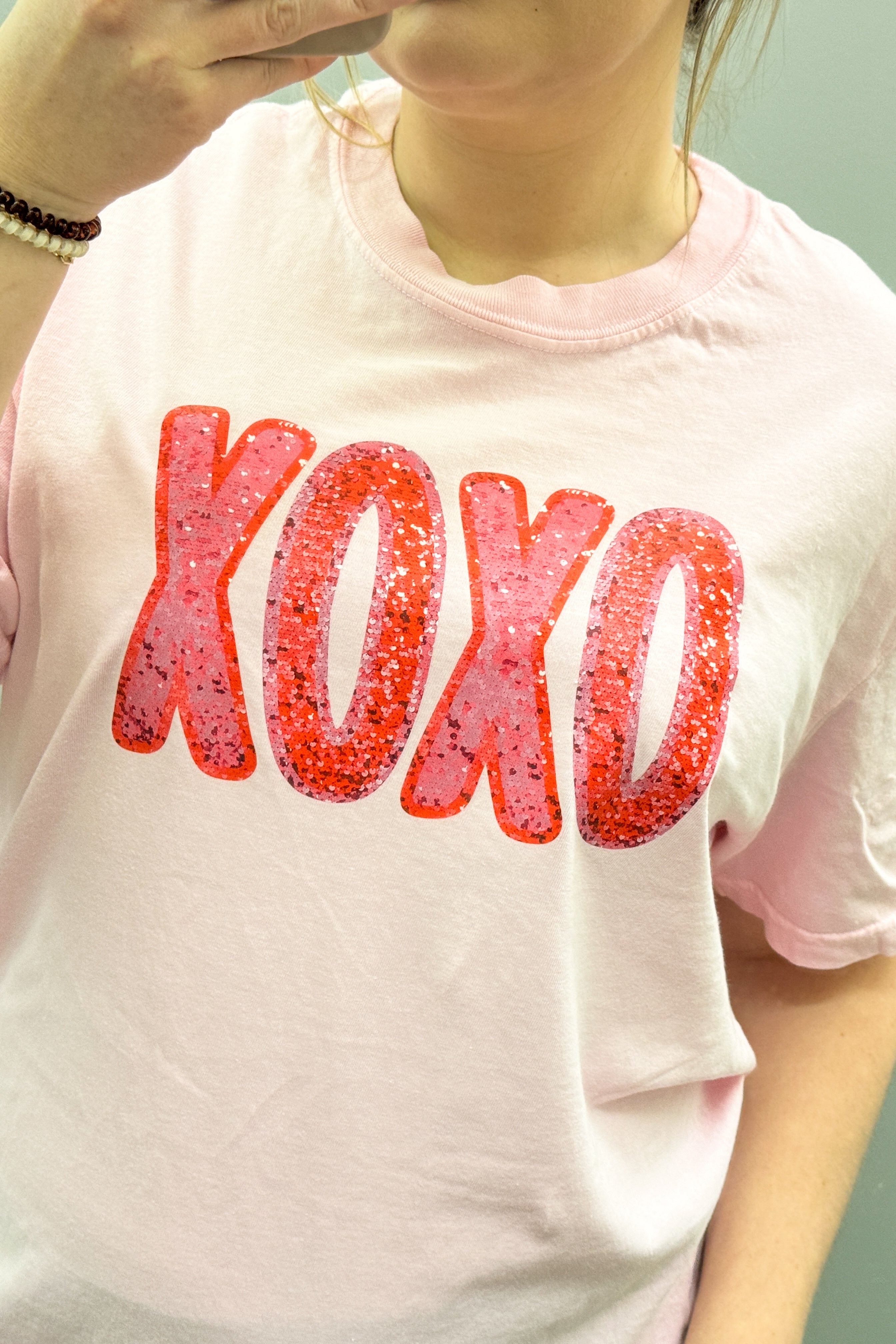 XOXO Faux Sequin Graphic Tee, Light Pink