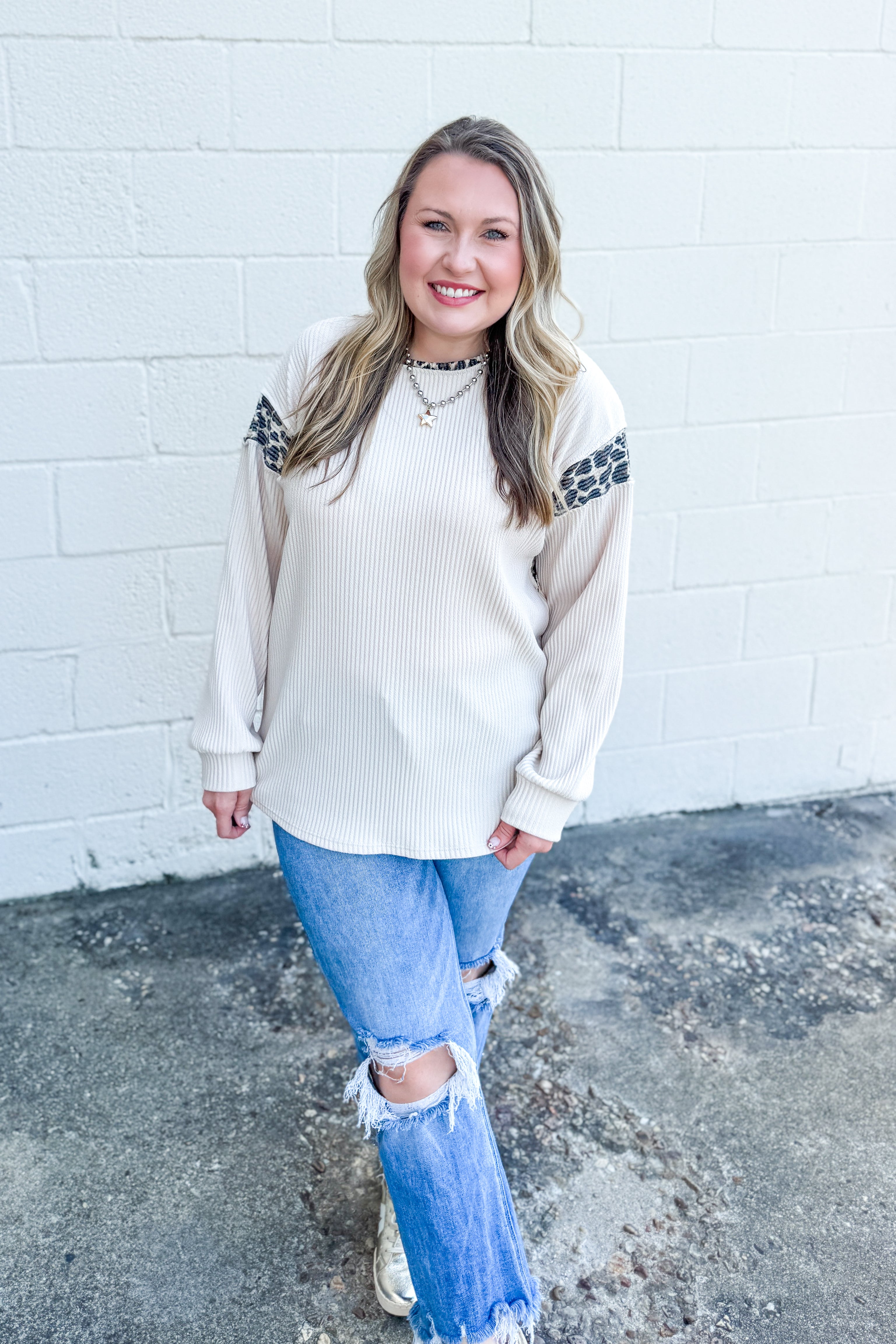 Fierce Edge Rib Knit Top, Oatmeal