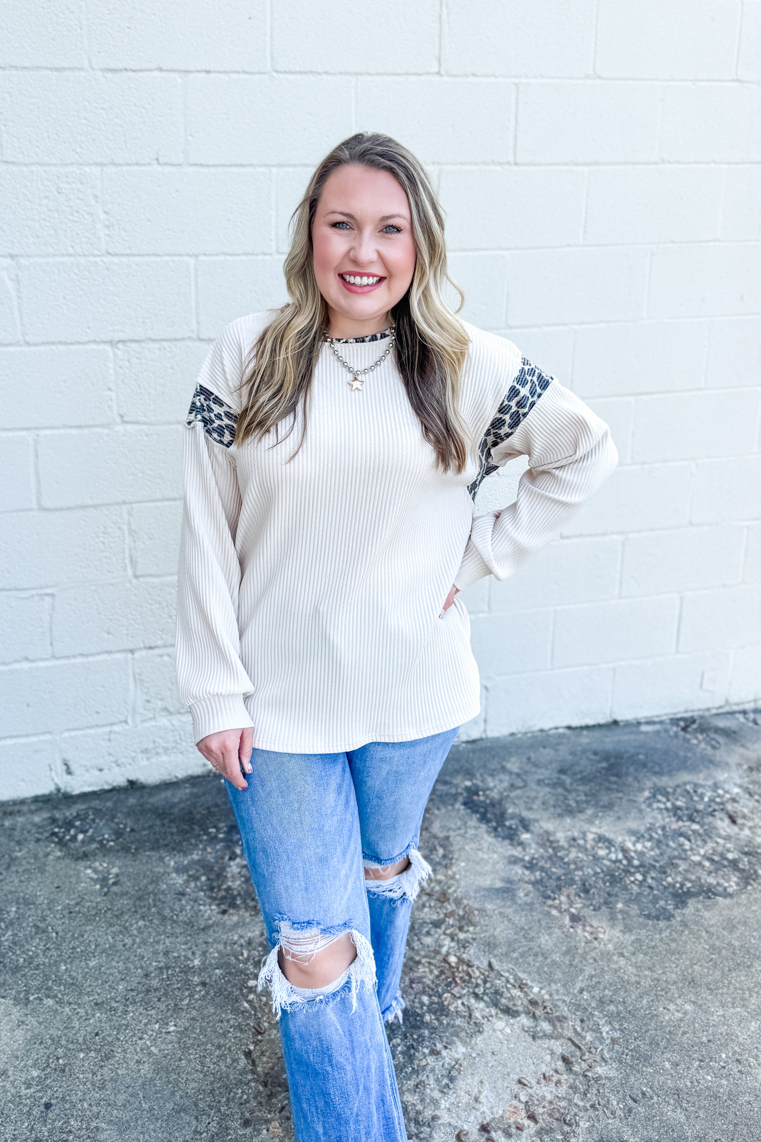 Fierce Edge Rib Knit Top, Oatmeal