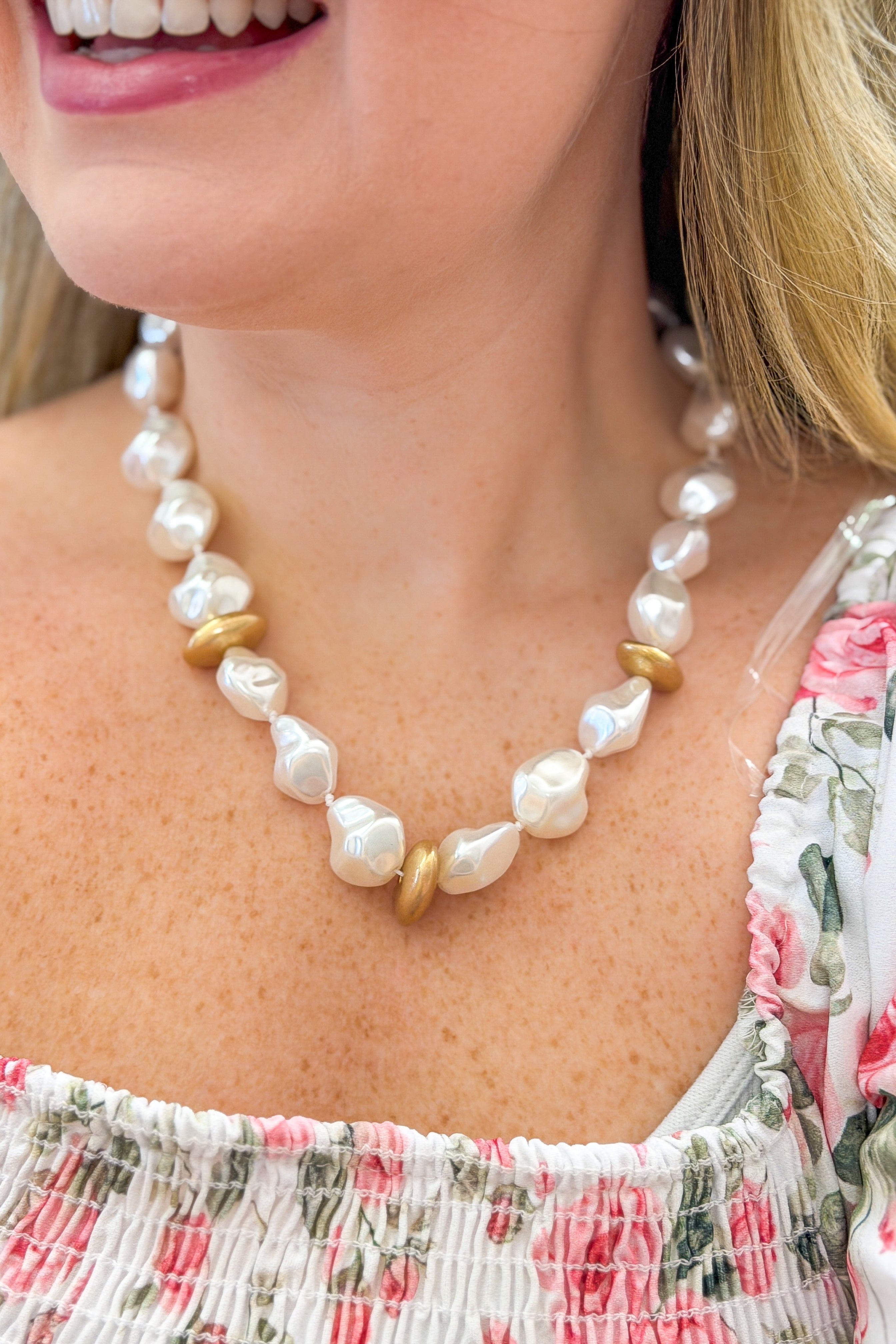 Baroque Pearl Necklace, Cream/Gold
