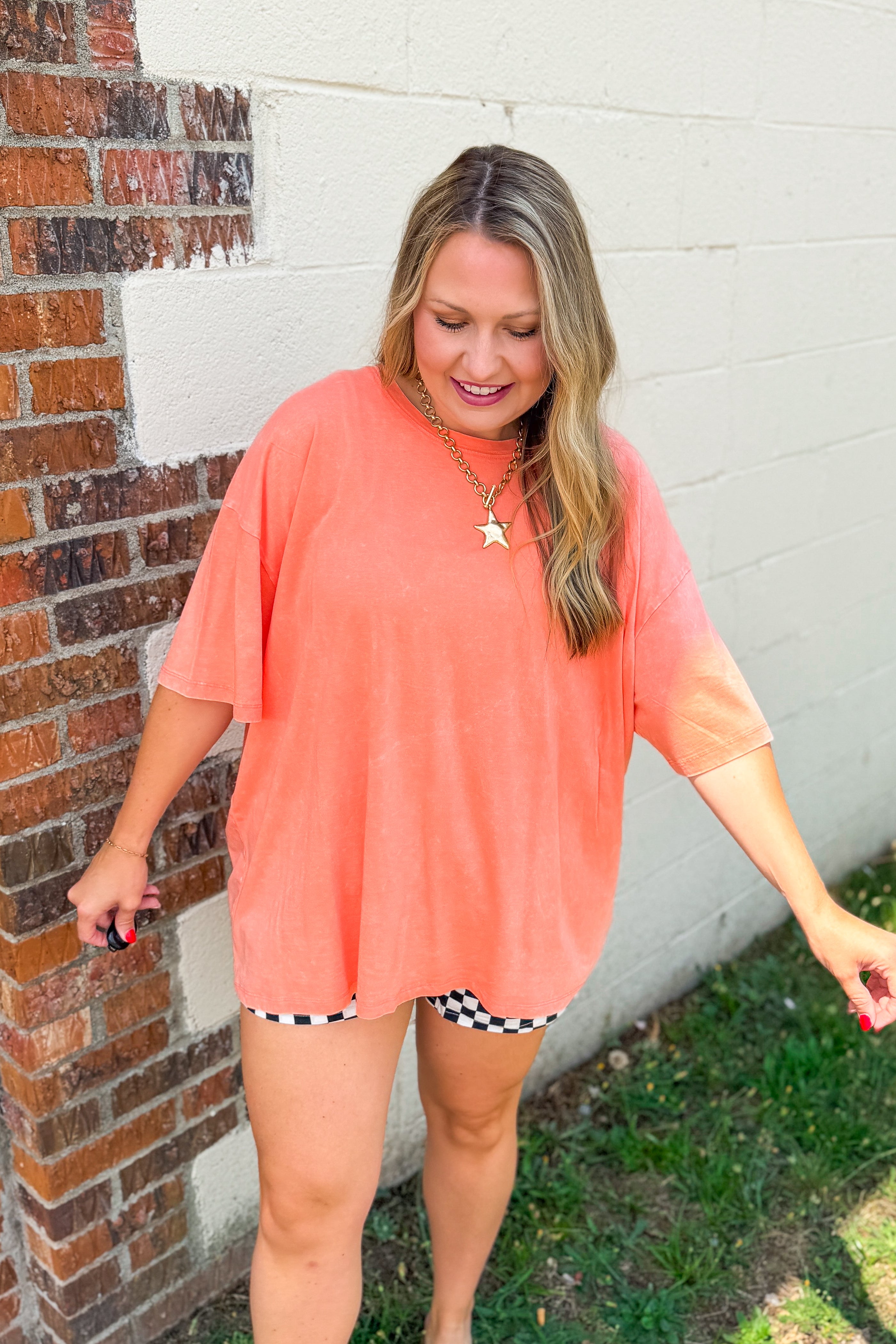 What You Are Oversized Acid Wash Top, Coral