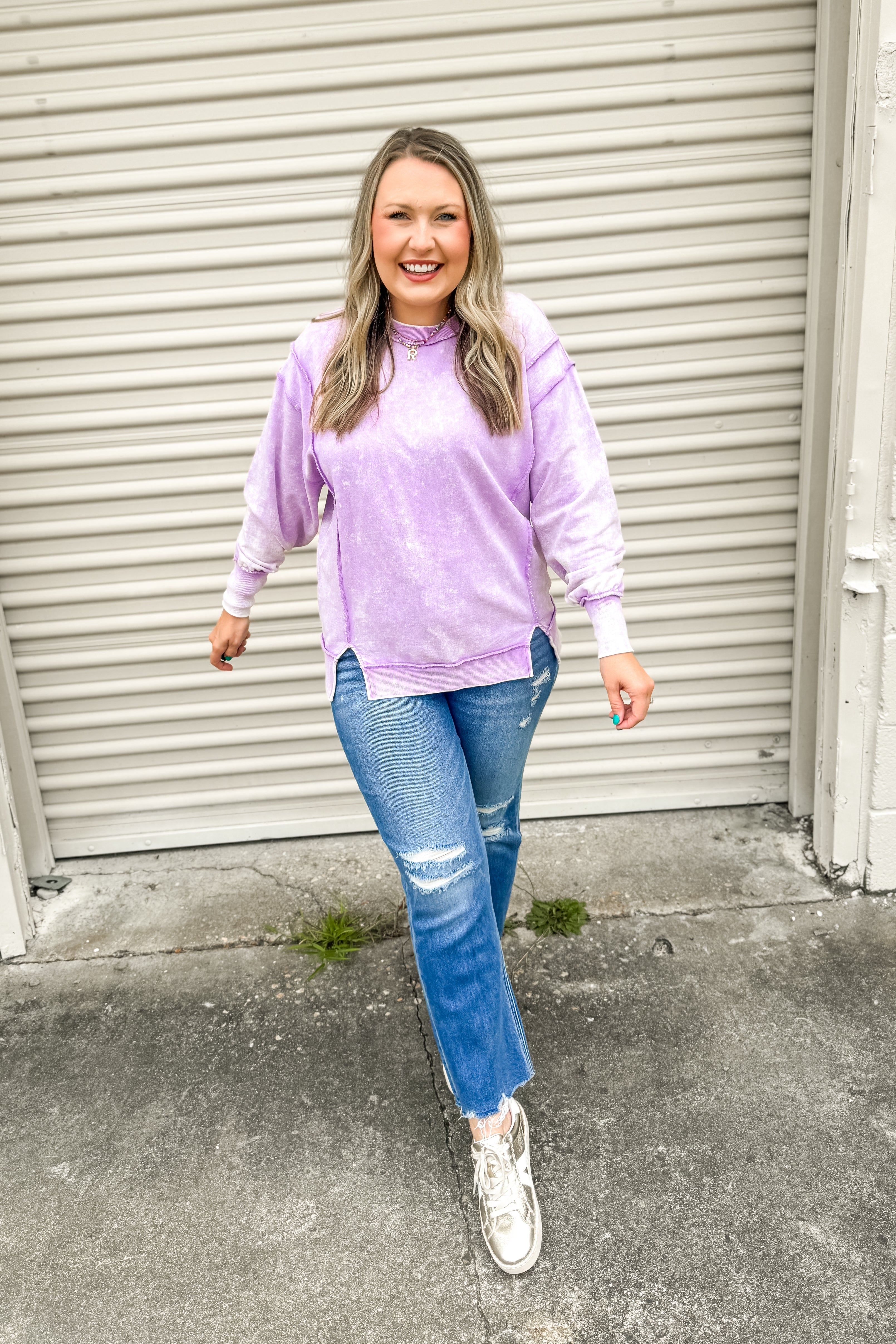 Everly Acid Wash Pullover Top, Lavender
