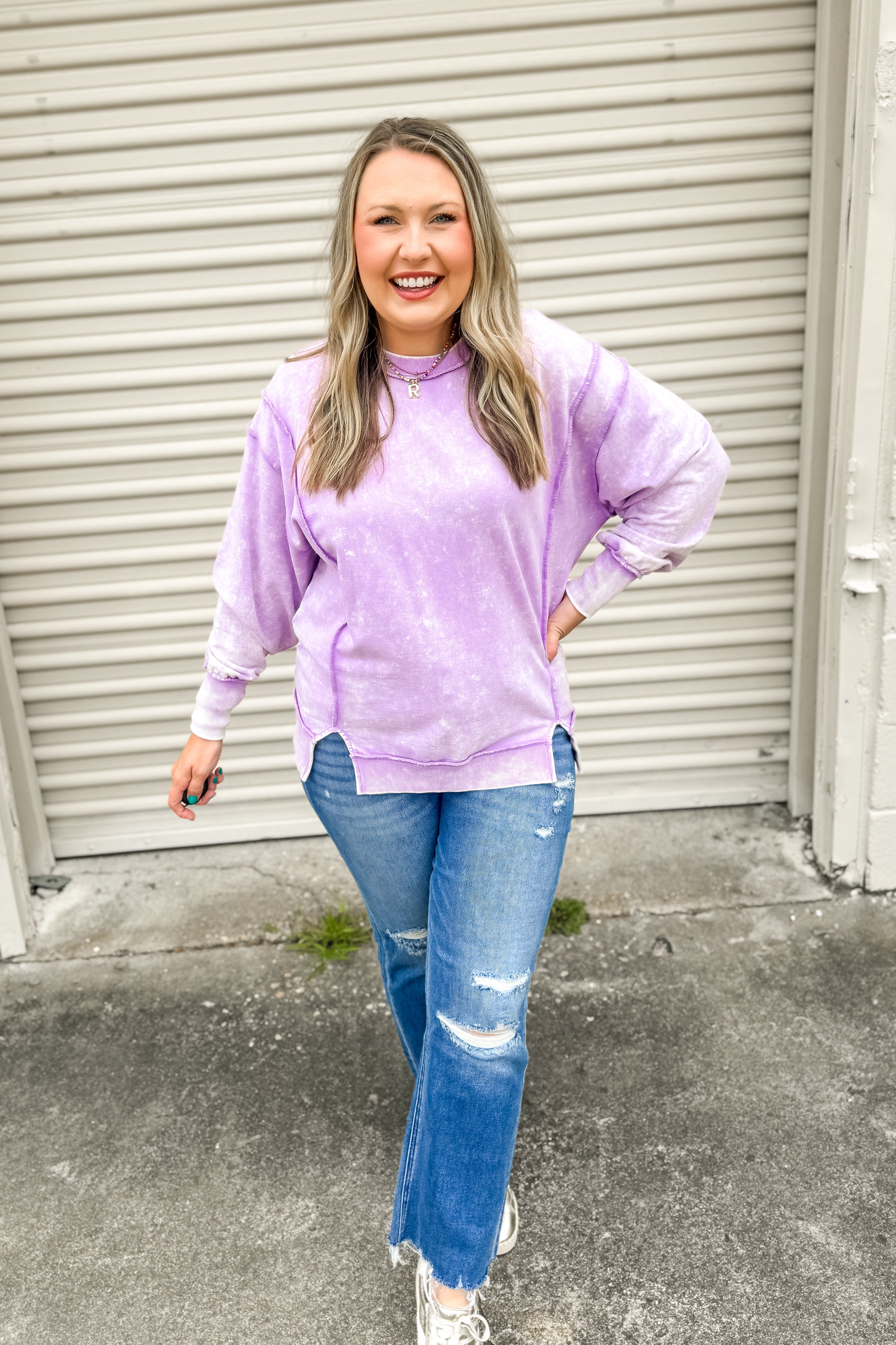 Everly Acid Wash Pullover Top, Lavender