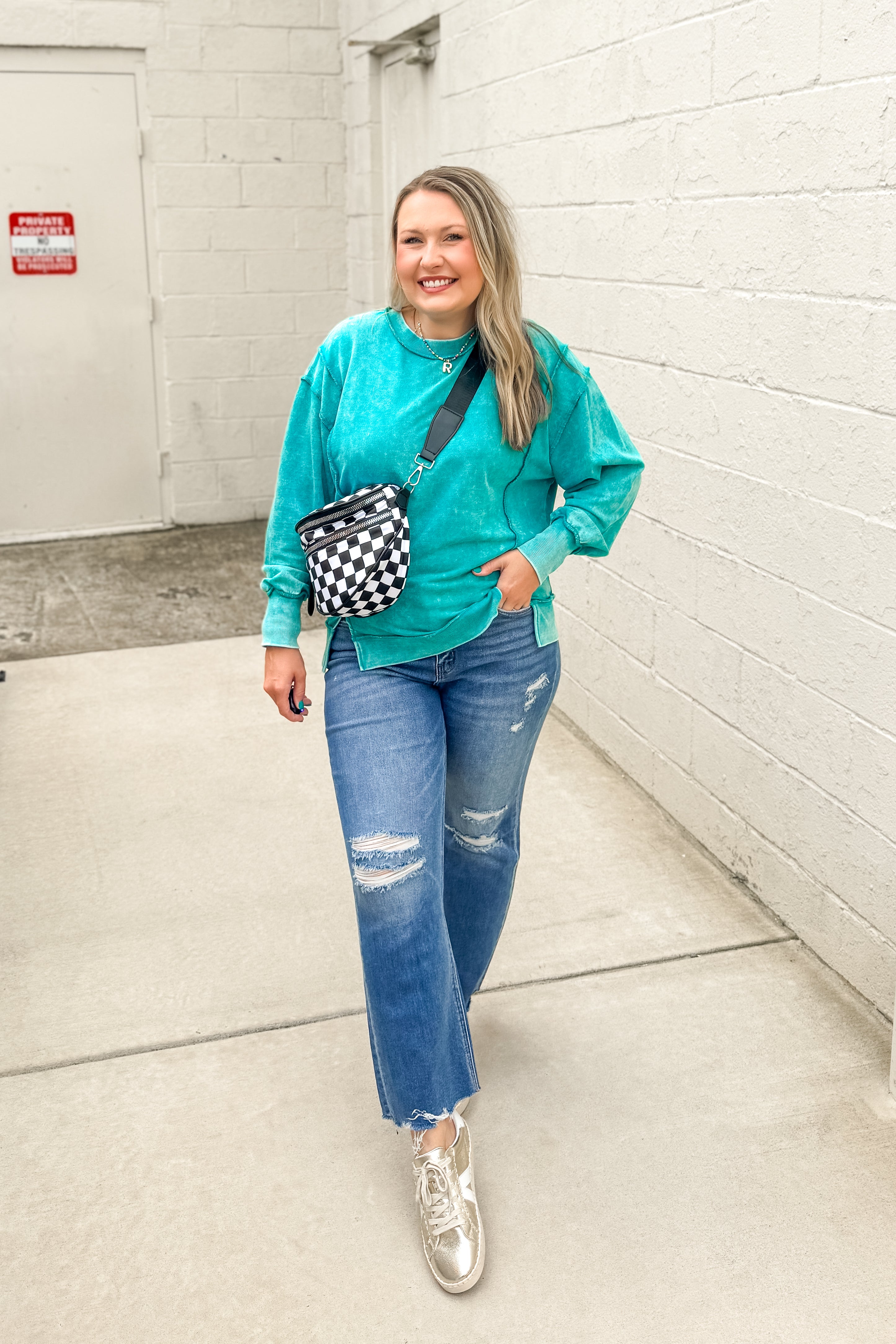 Everly Acid Wash Pullover Top, Light Teal