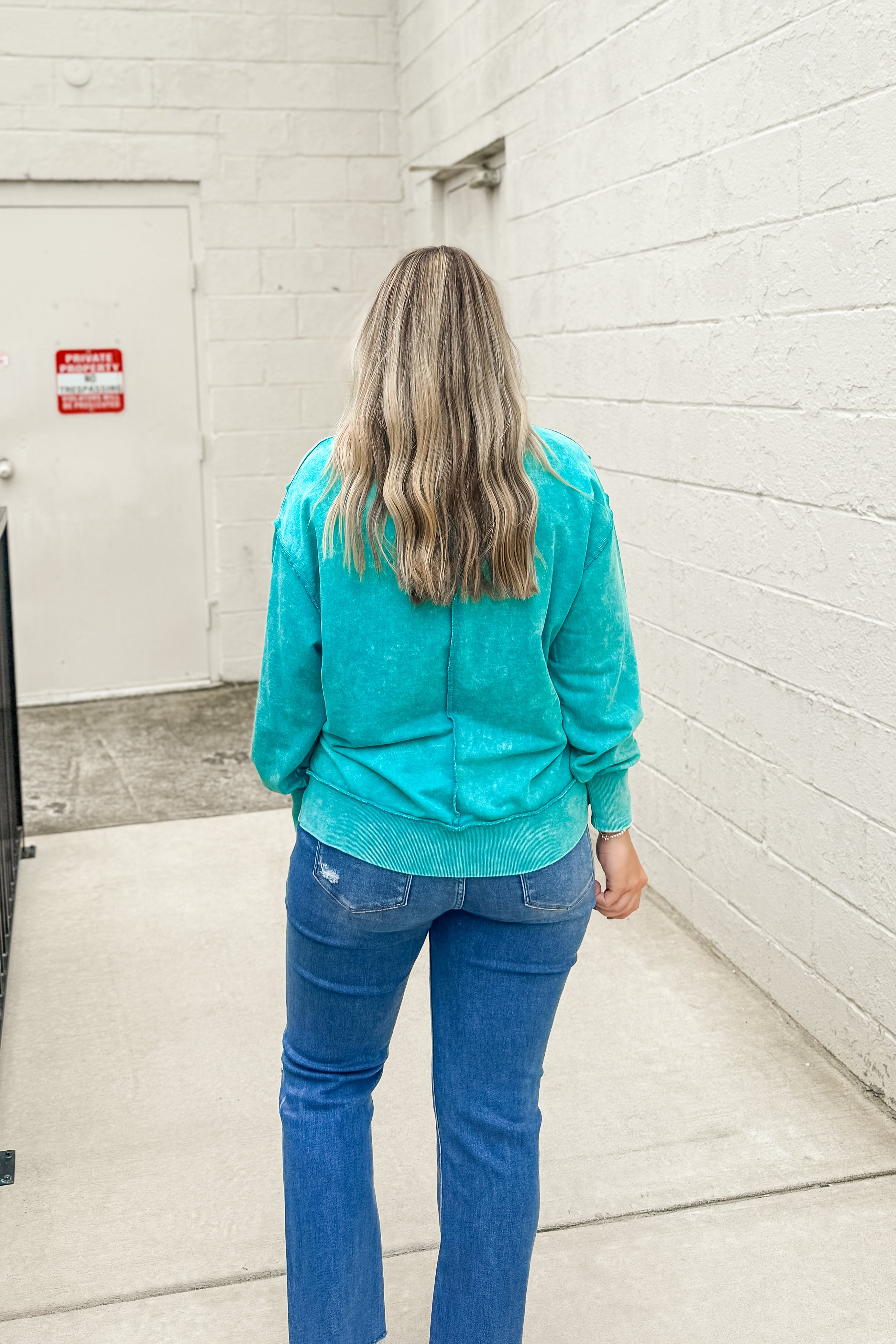 Everly Acid Wash Pullover Top, Light Teal