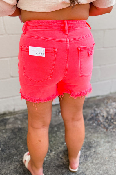 Sunny Days Distressed Shorts, Neon Coral