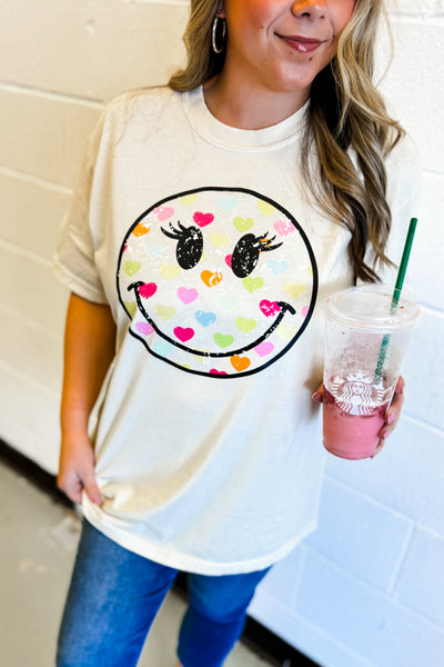 Colorful Heart Happy Face Graphic Tee, Ivory