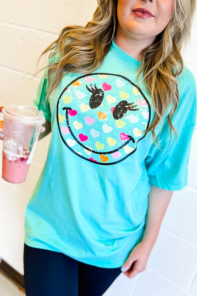 Colorful Heart Happy Face Graphic Tee, Mint