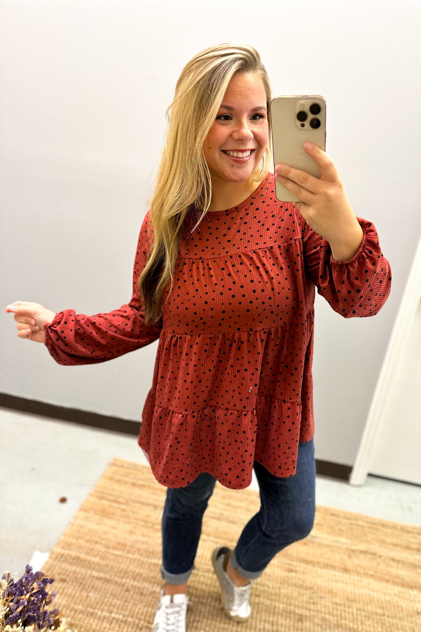 Little Things Spotted Tiered Top, Marsala