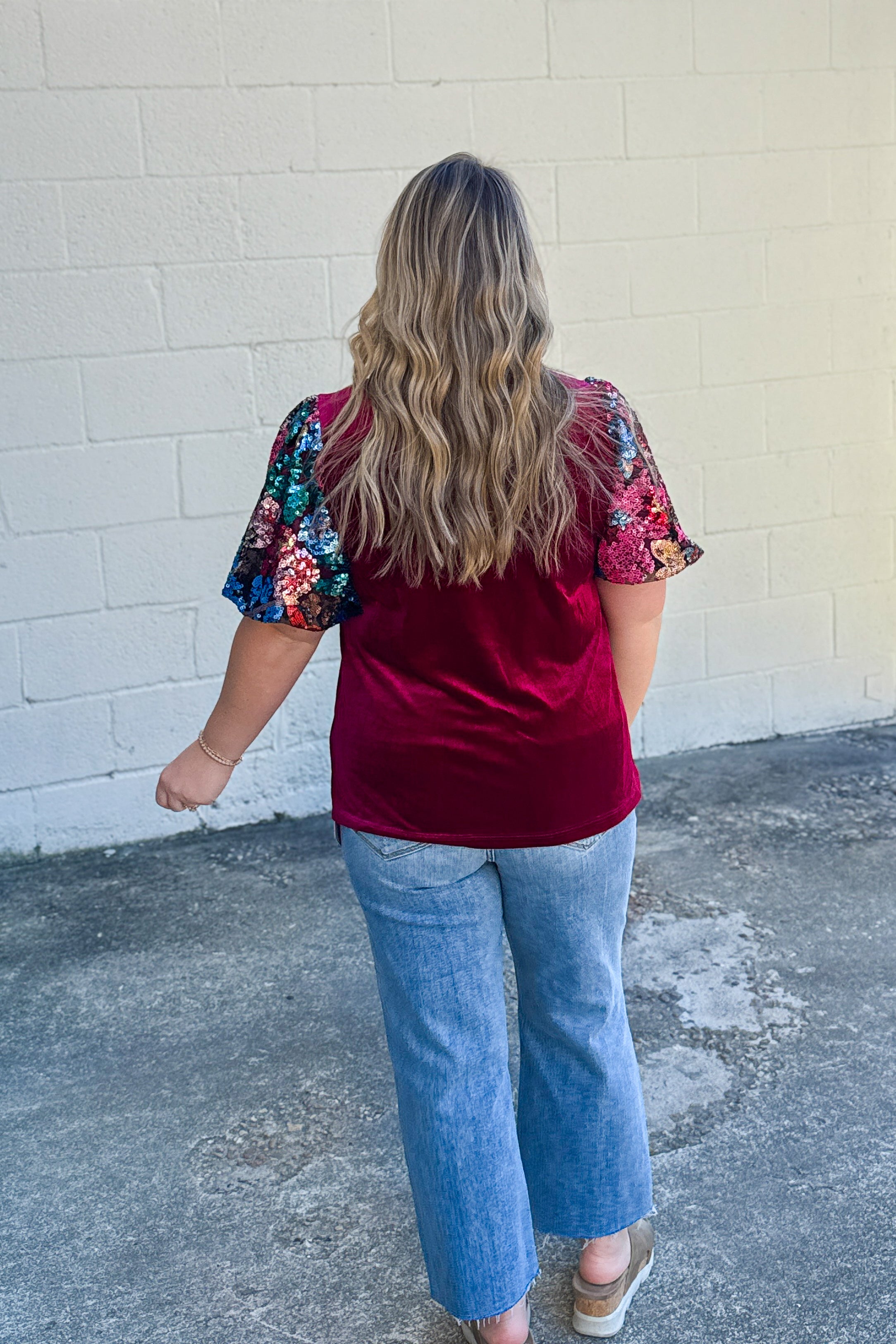 Under The Lights Sequin Sleeve Top, Wine