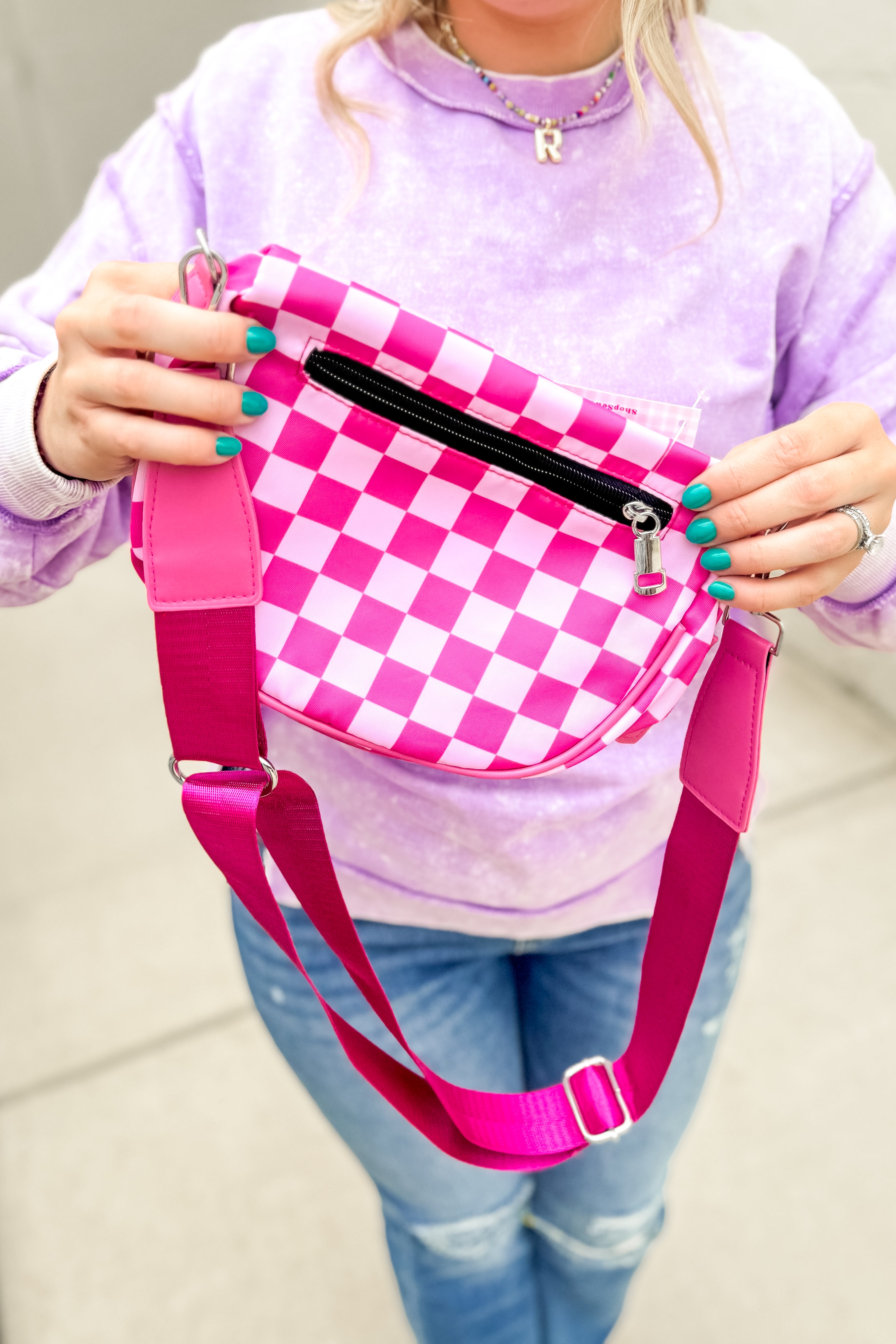 Double Zip Cling Bum Bag, Pink Checkered