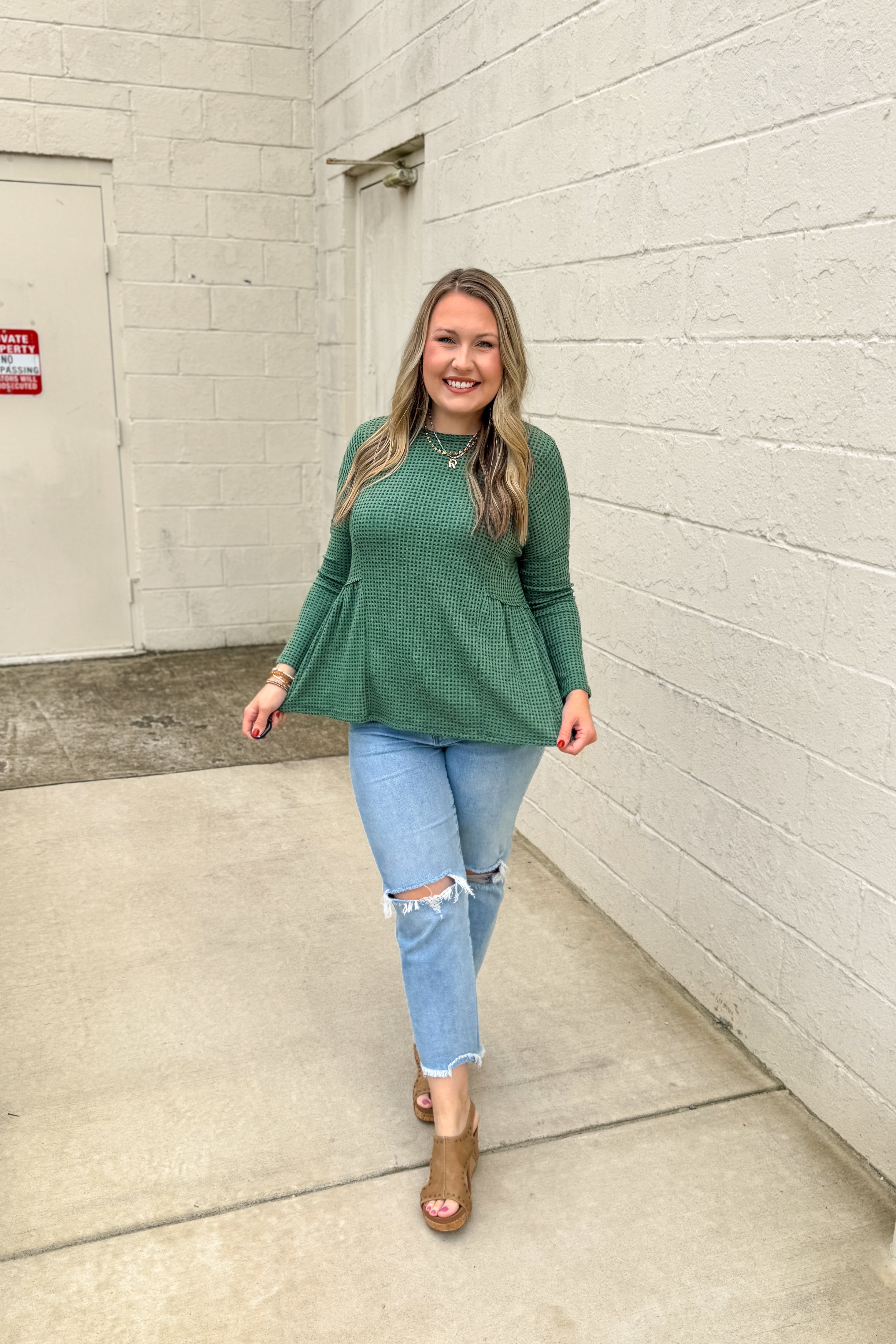 Cozy Days Waffle Knit Top, Green