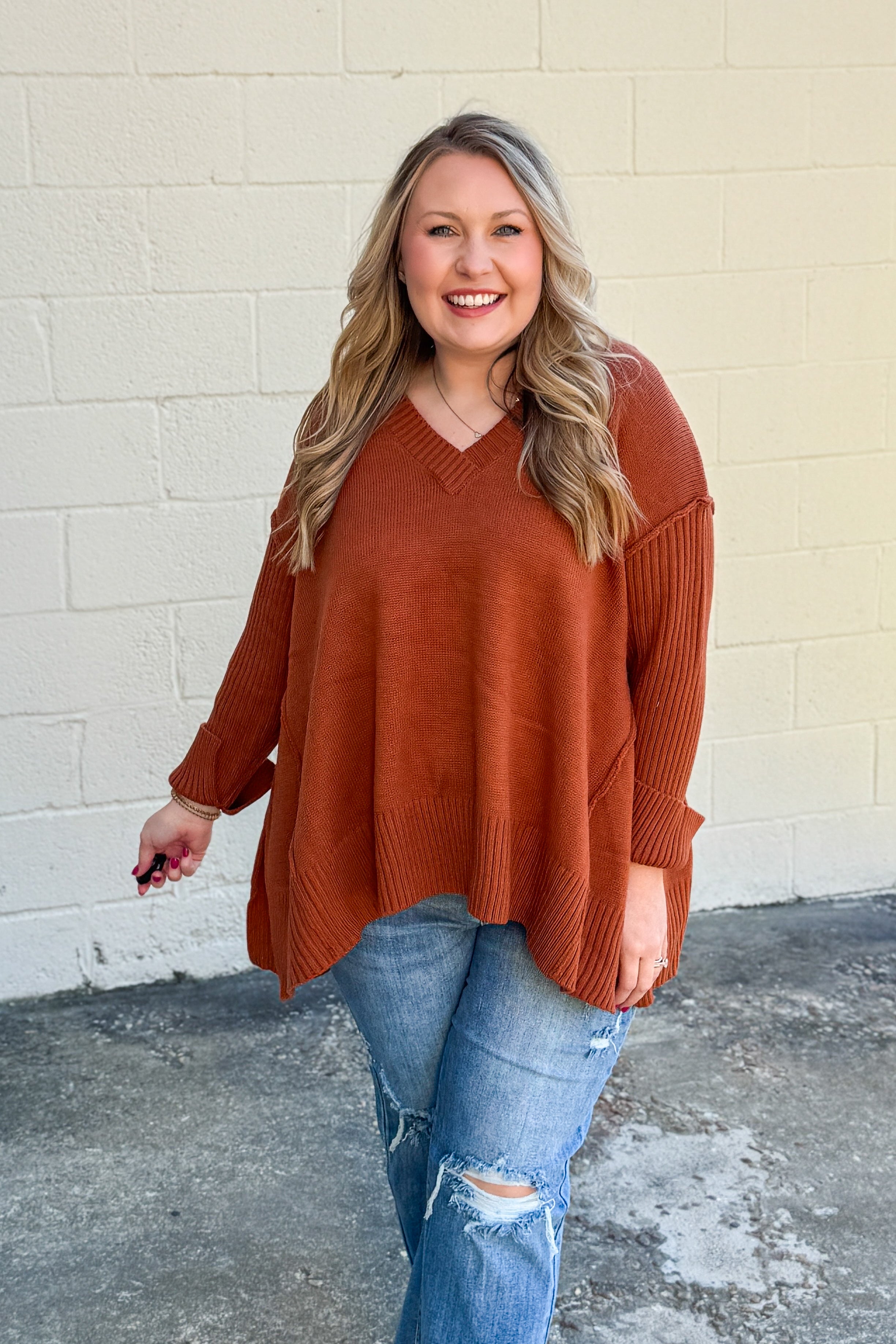 One And Only V-Neck Sweater Top, Rust