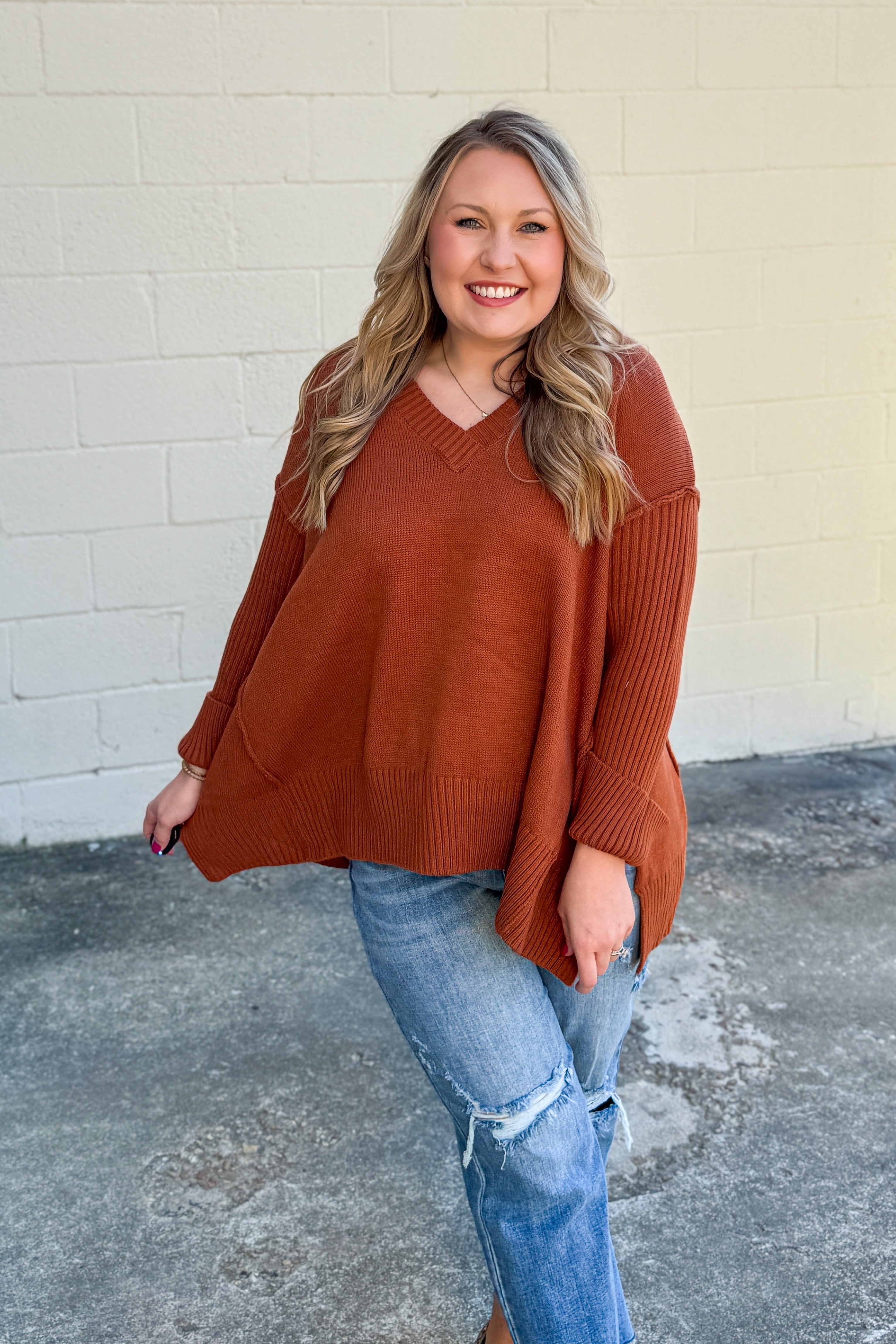 One And Only V-Neck Sweater Top, Rust