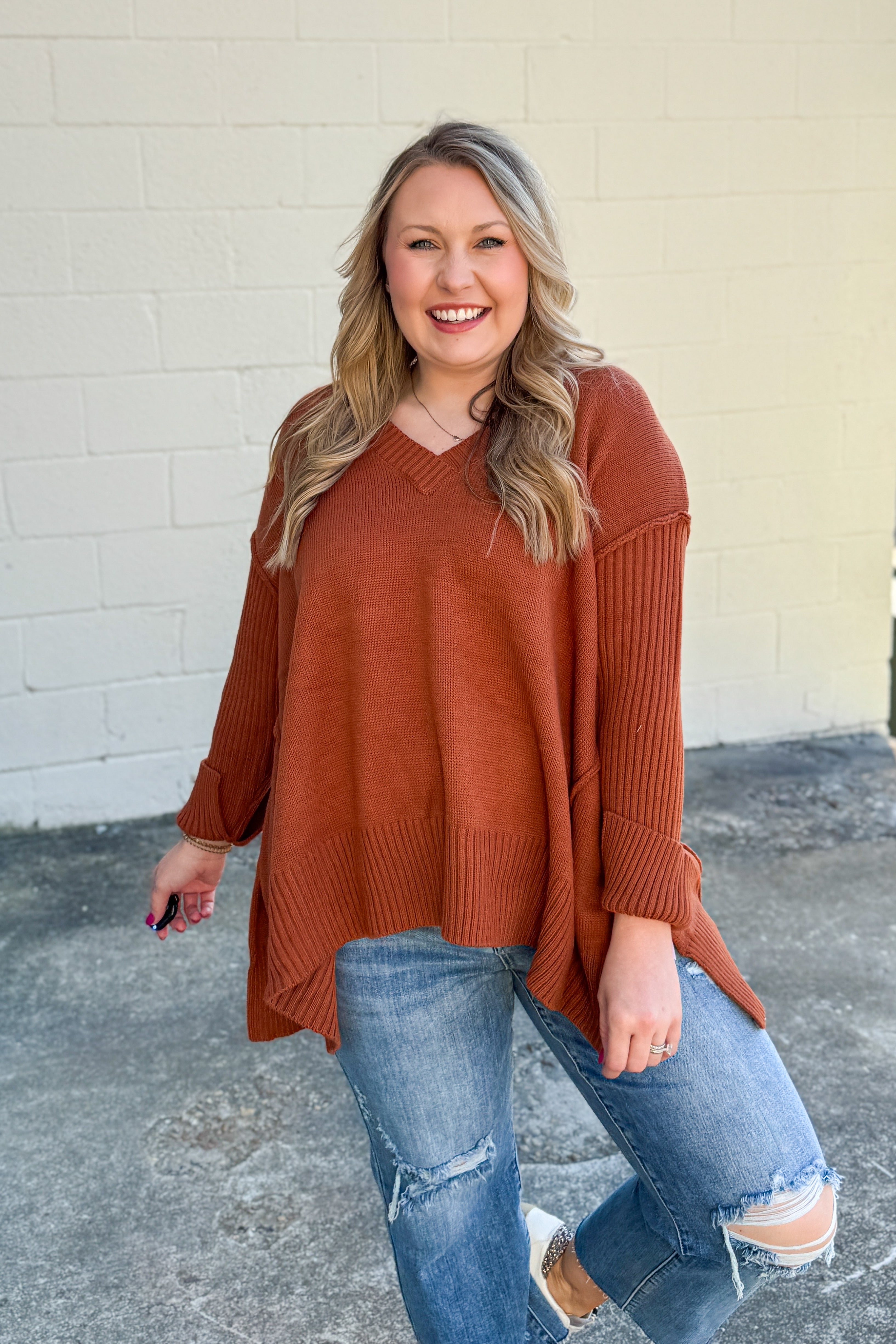 One And Only V-Neck Sweater Top, Rust