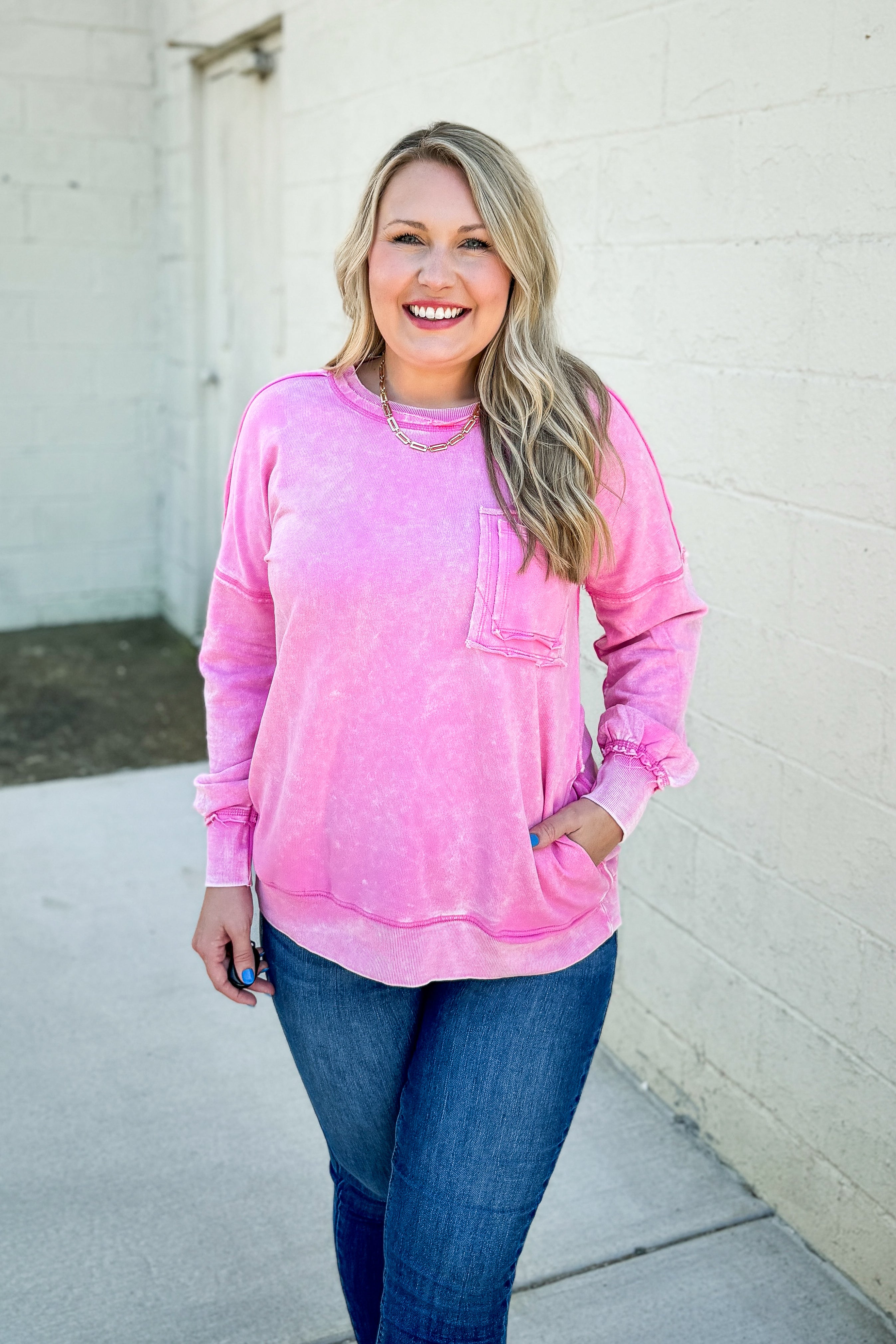 Chelsea Acid Wash Pullover Pocket Sweatshirt, Candy Pink