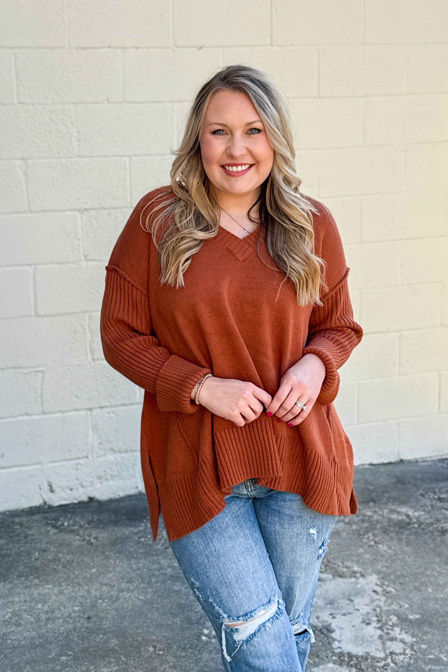 One And Only V-Neck Sweater Top, Rust