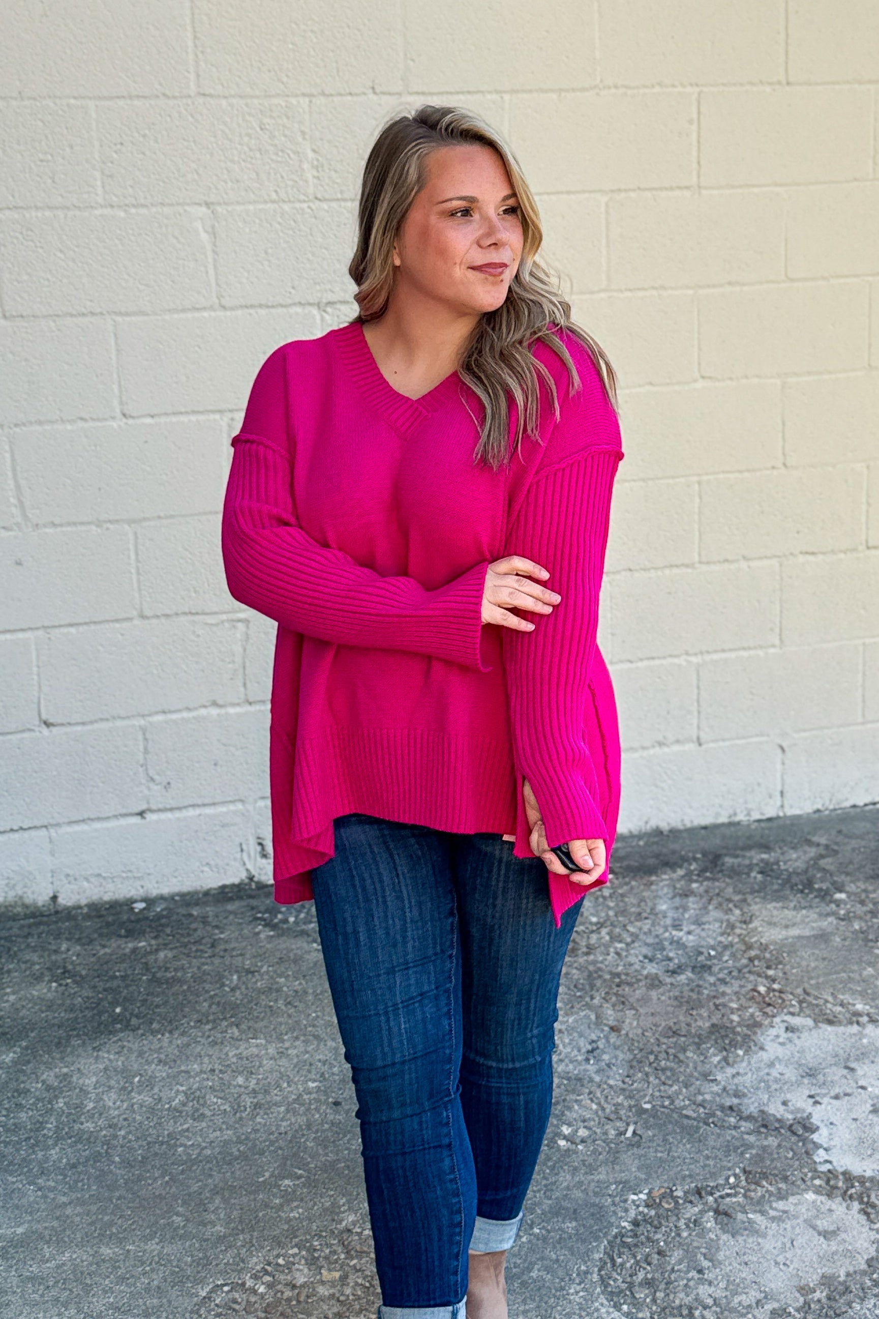 One And Only V-Neck Sweater Top, Magenta