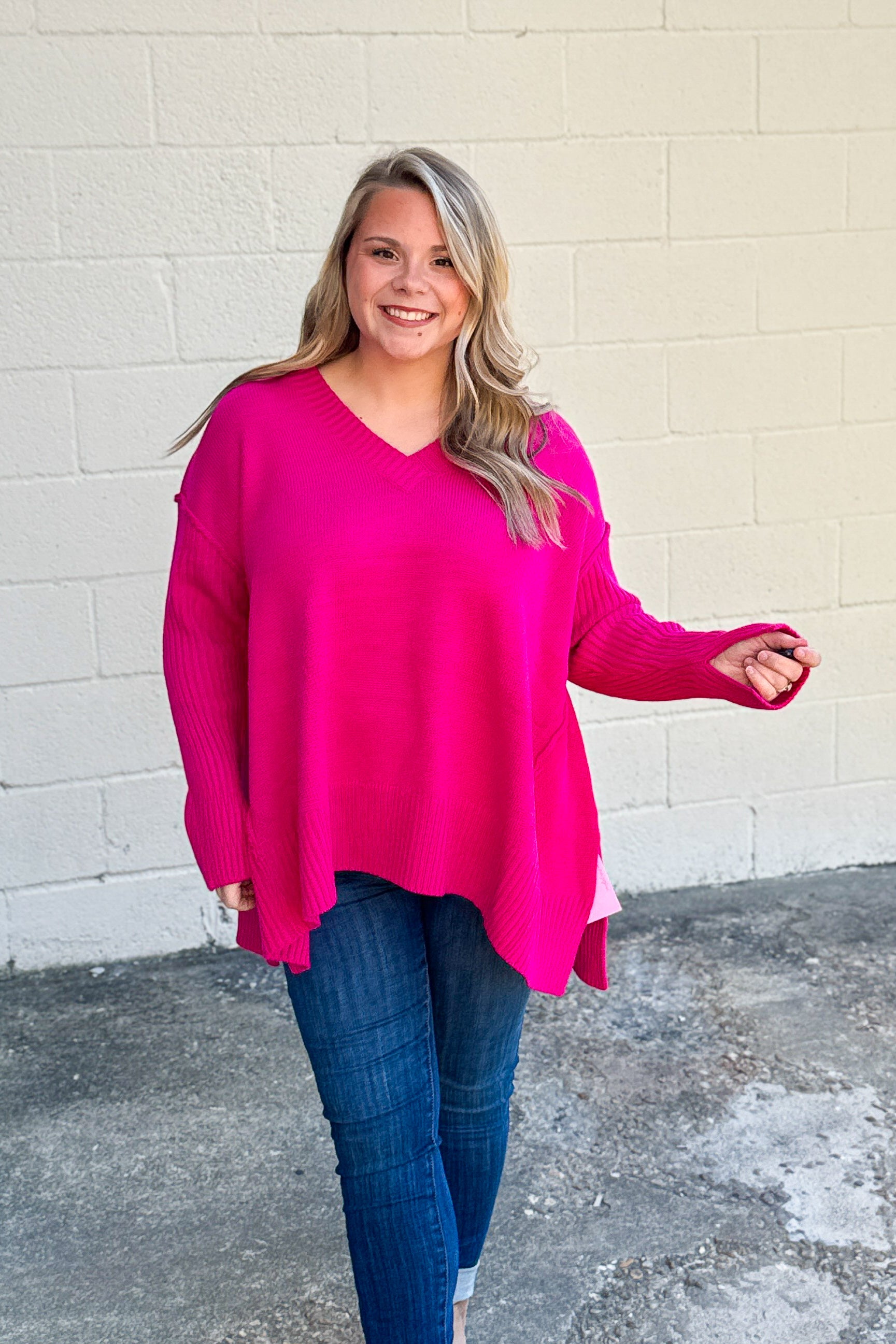 One And Only V-Neck Sweater Top, Magenta