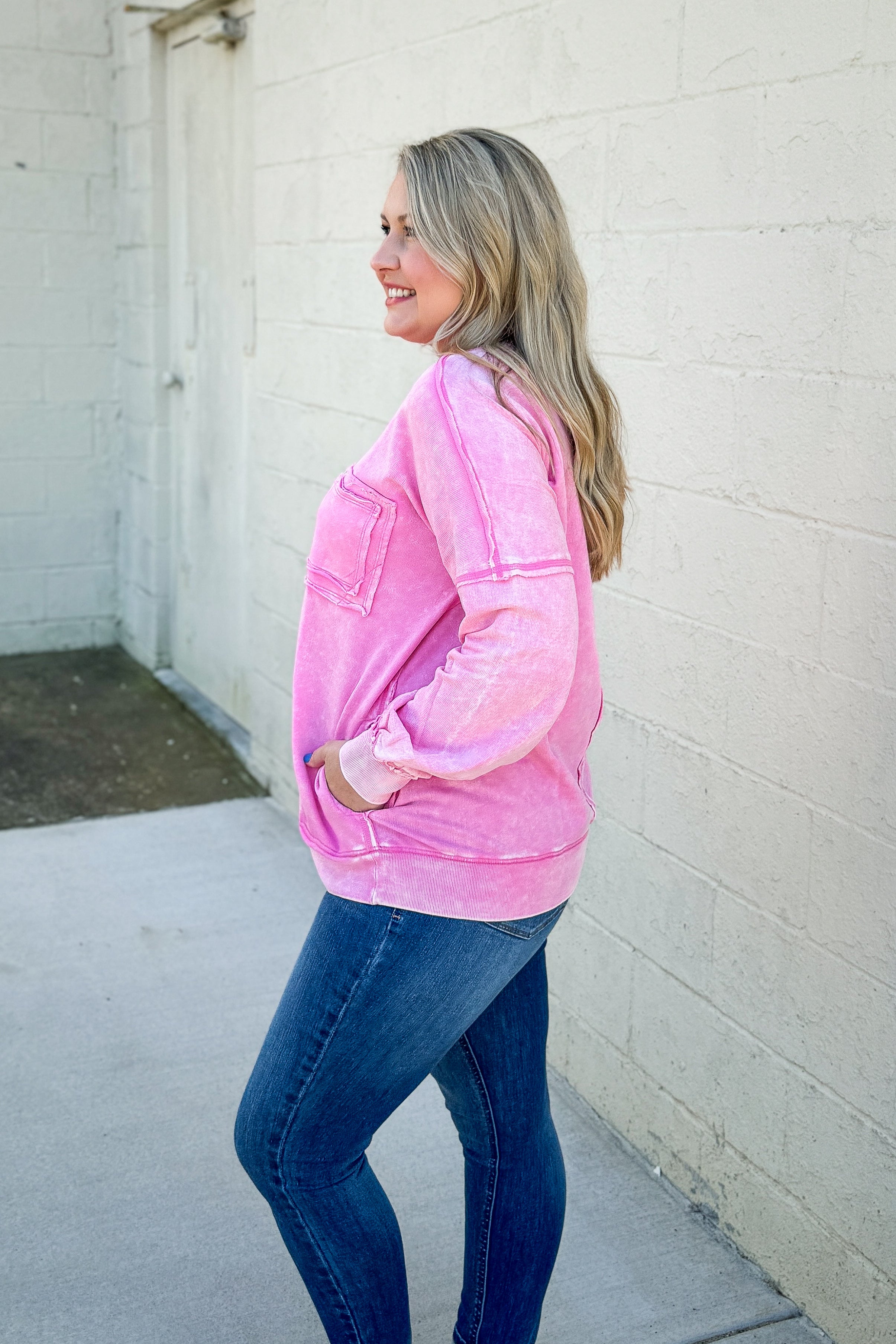 Chelsea Acid Wash Pullover Pocket Sweatshirt, Candy Pink