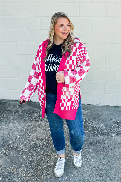 RESTOCK | Easily Distracted Checkered Cardigan, Pink