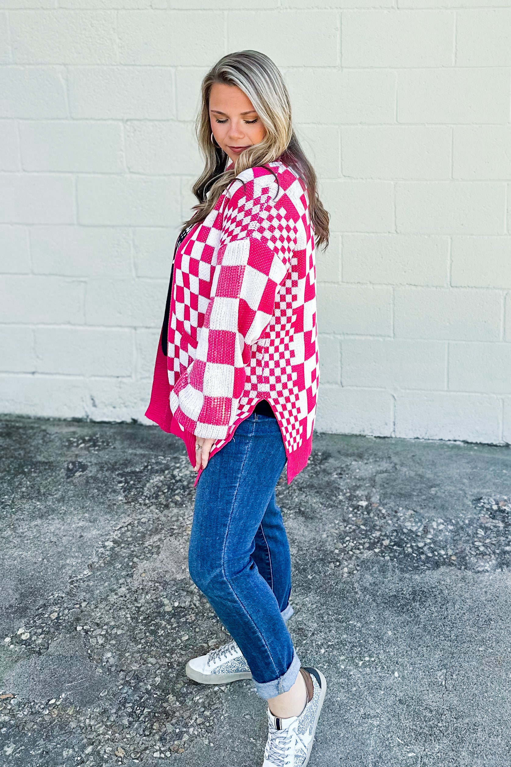 RESTOCK | Easily Distracted Checkered Cardigan, Pink