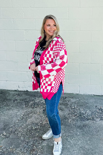 RESTOCK | Easily Distracted Checkered Cardigan, Pink