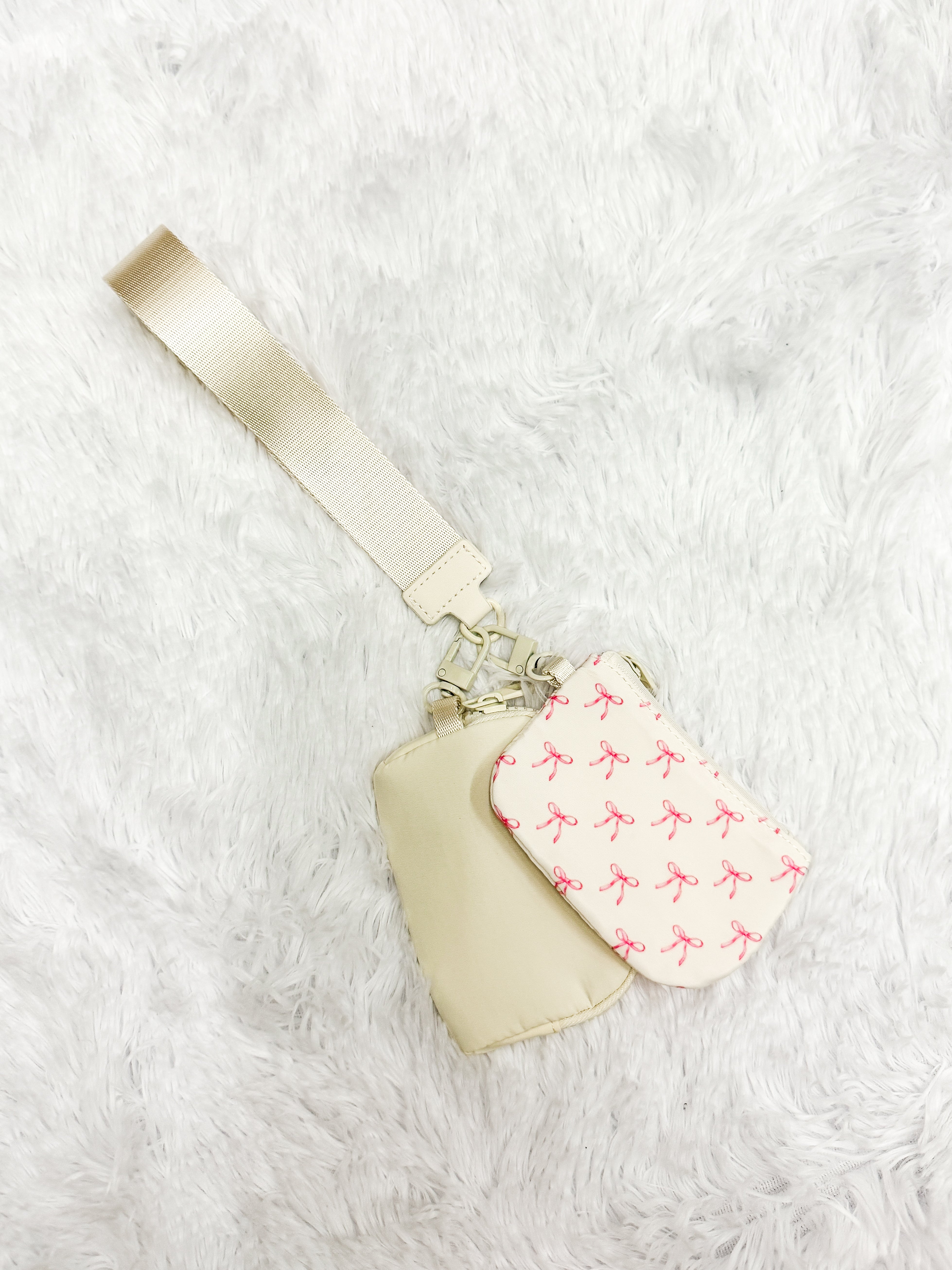 Dual Pouch Wristlet Keychain Wallet, White Bows