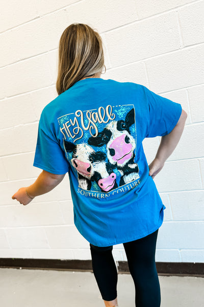 Hey Y'ALL Cows Graphic Tee, Sapphire