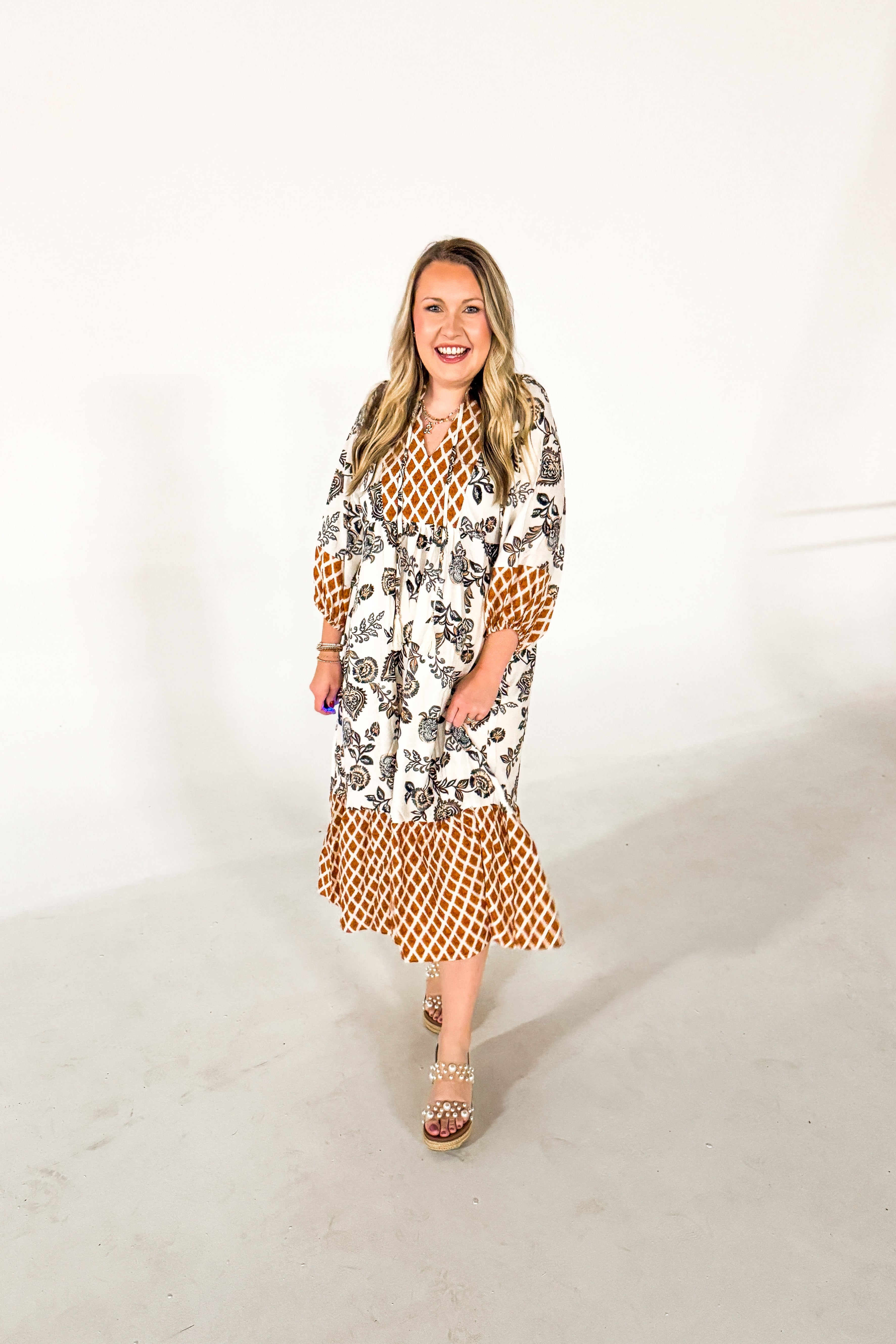 Rustic Charm Mix Print Midi Dress