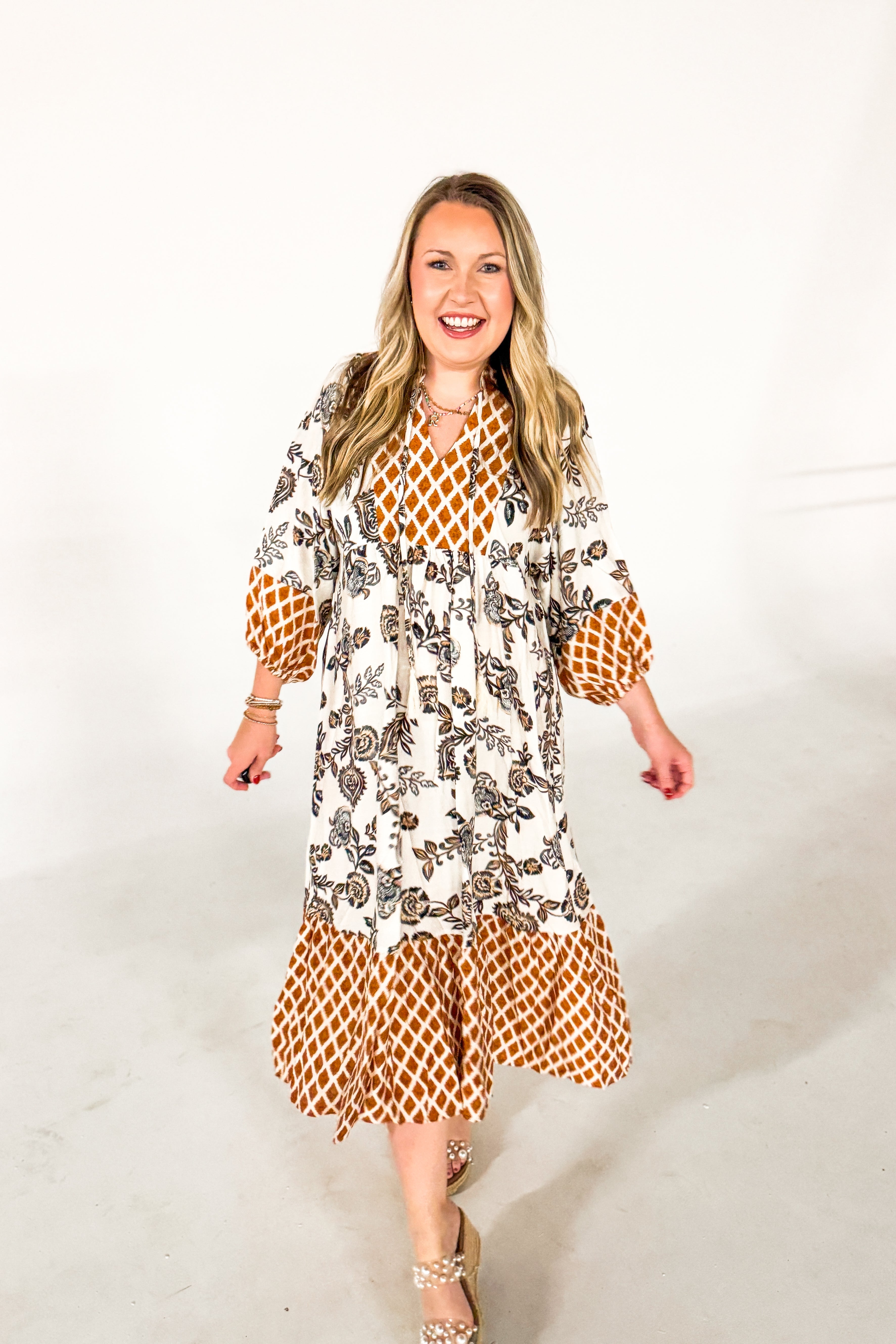 Rustic Charm Mix Print Midi Dress