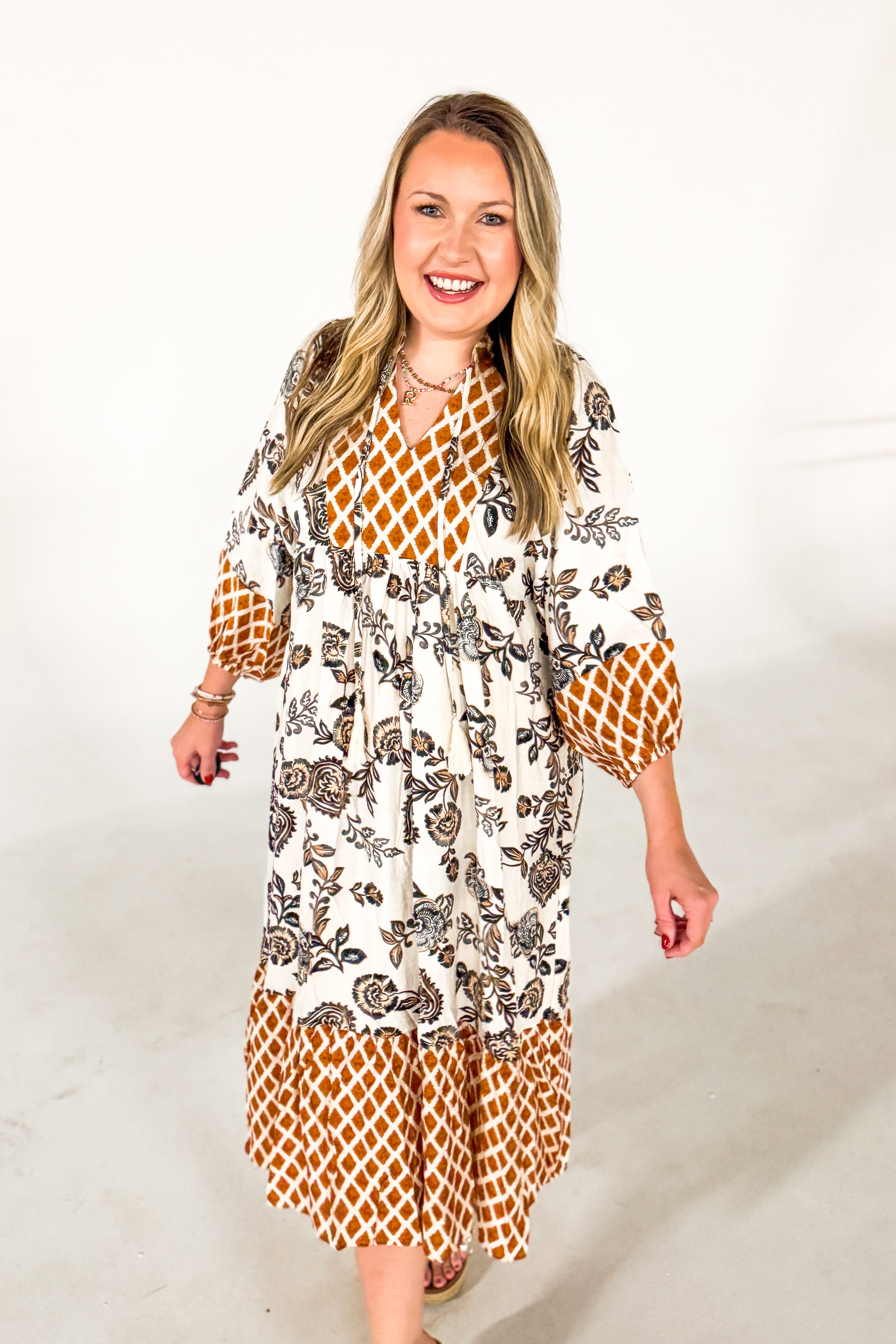 Rustic Charm Mix Print Midi Dress