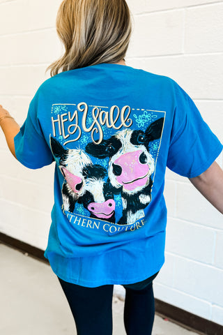 Hey Y'ALL Cows Graphic Tee, Sapphire