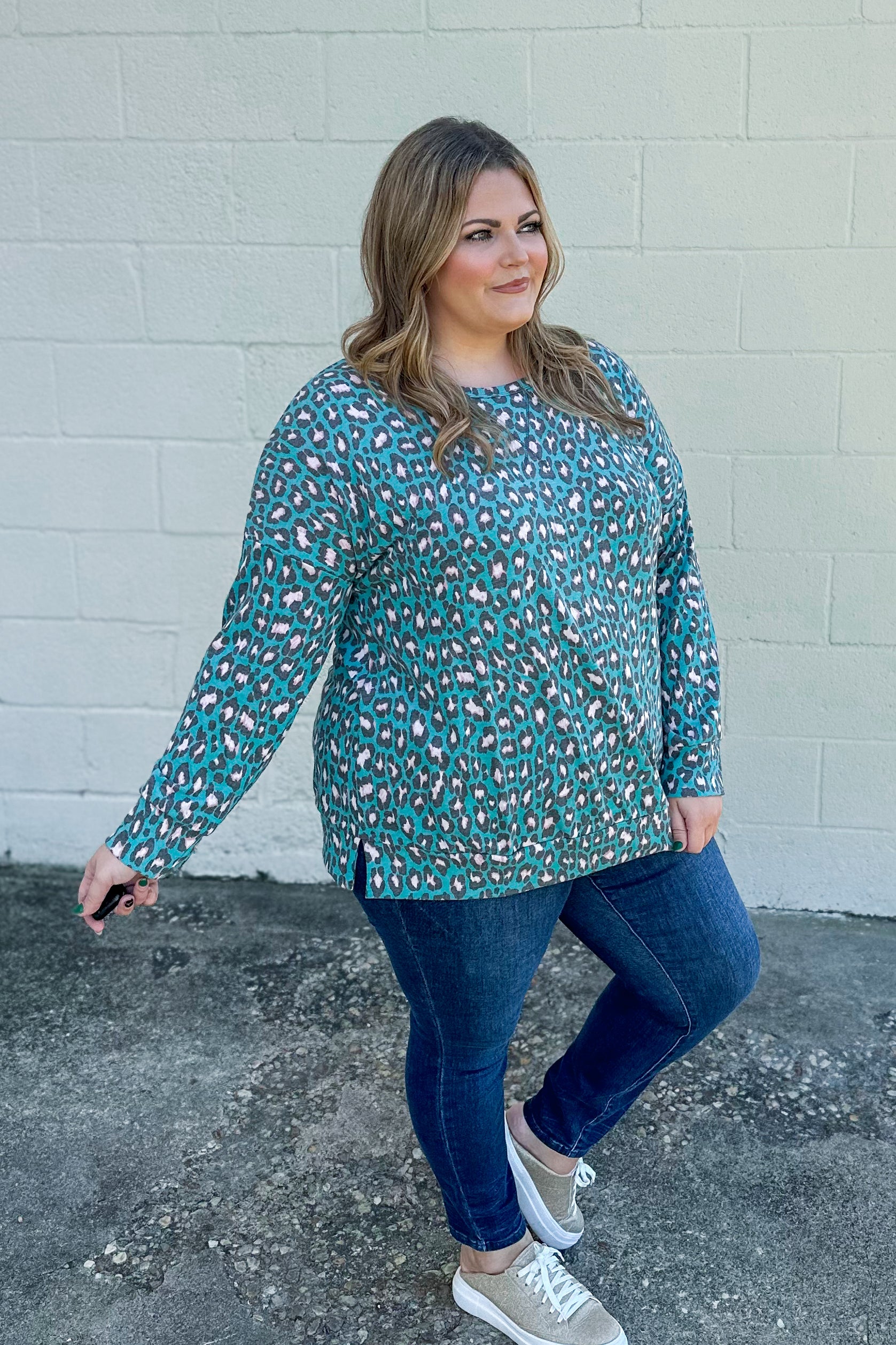 Find New Ways Leopard Pullover Top, Teal/Pink