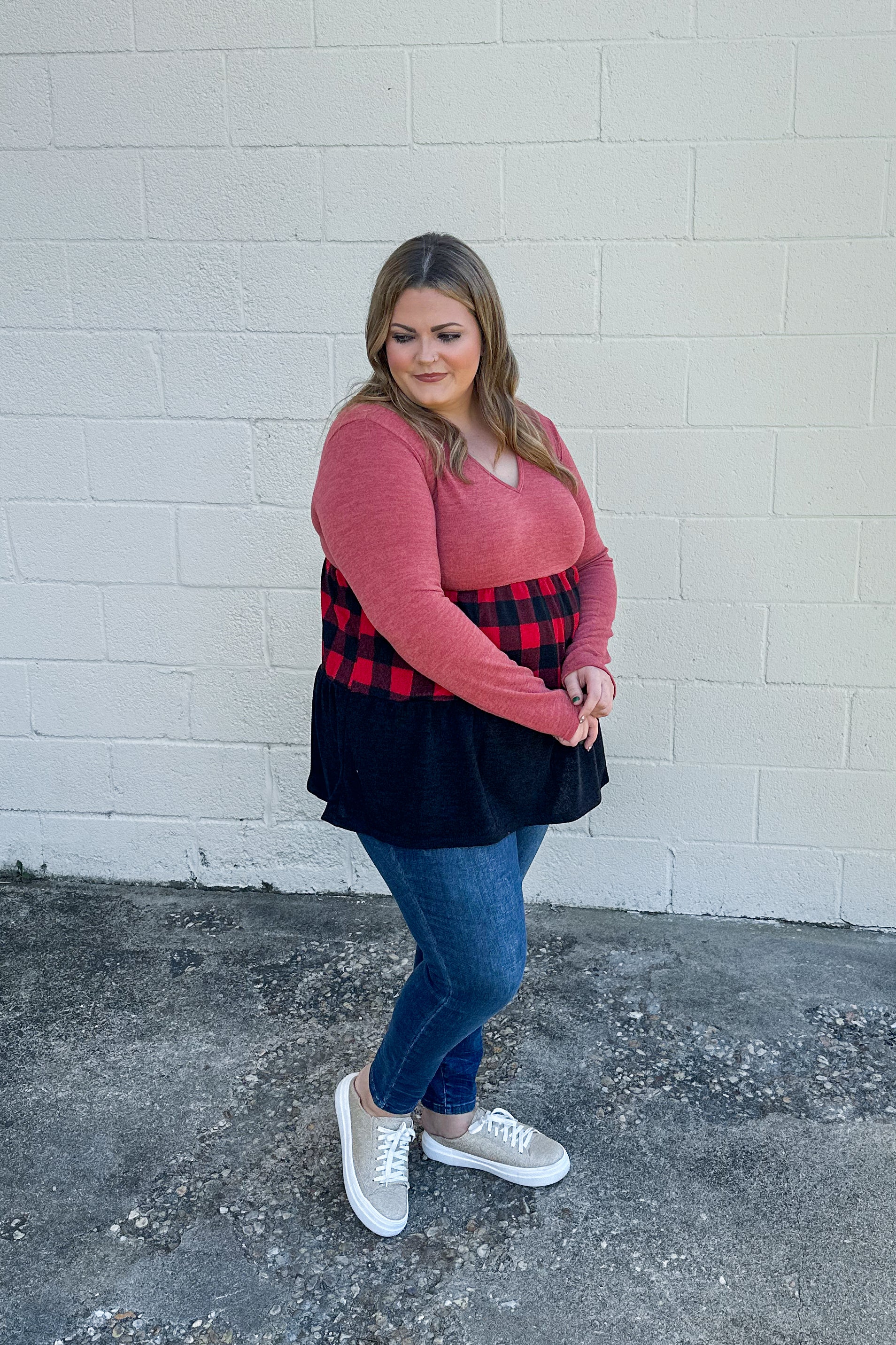 Miss Who I Was Color Block Buffalo Plaid Top