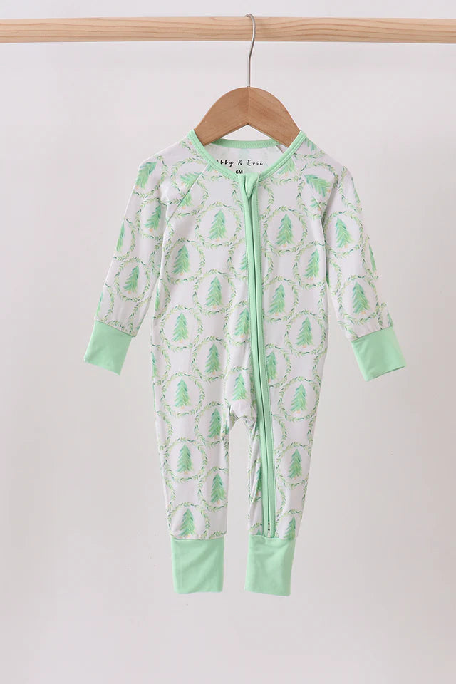 Green Wreath Christmas Tree Bamboo Zipper Romper