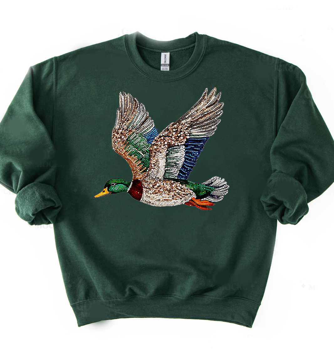 Faux Rhinestone Mallard Duck Tree Sweatshirt, Dark Green