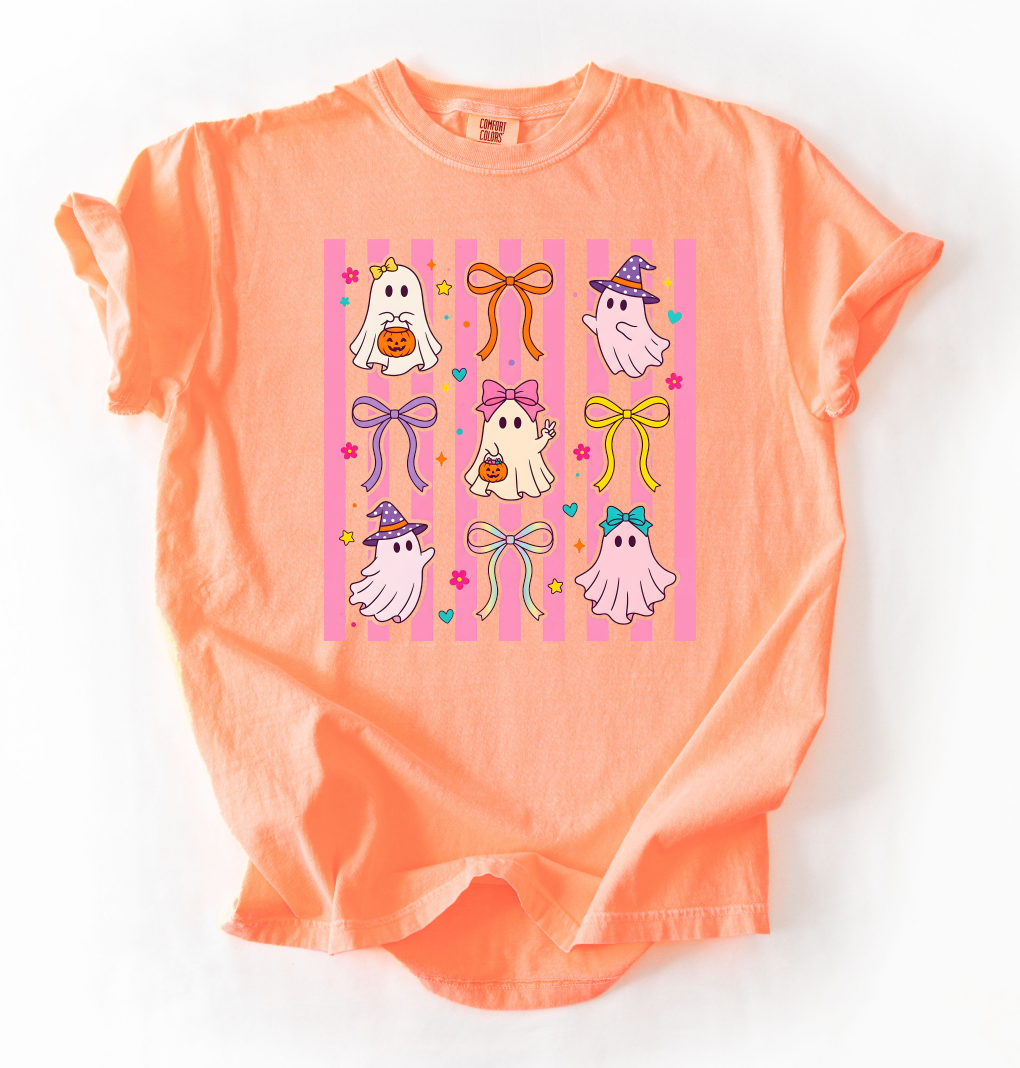 Preppy Coquette Ghosts Graphic Tee, Neon Cantaloupe