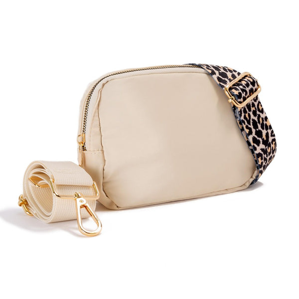 Nylon Adjustable Belt Bag with Leopard Strap, Cream
