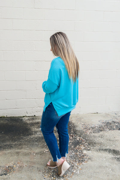 SALE | Caroline Waffle Knit Pullover, Turquoise Blue