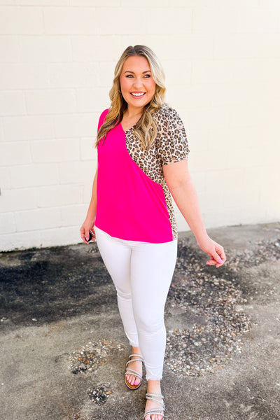RESTOCK | Happy Attitude Leopard Color Block Top, Pink