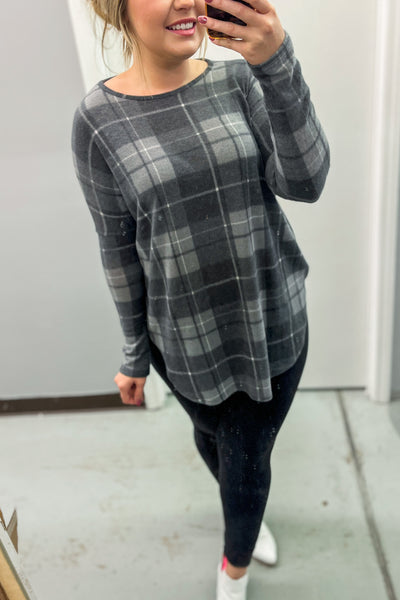 On Your Team Plaid Top, Charcoal