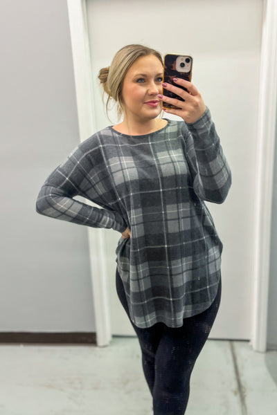 On Your Team Plaid Top, Charcoal