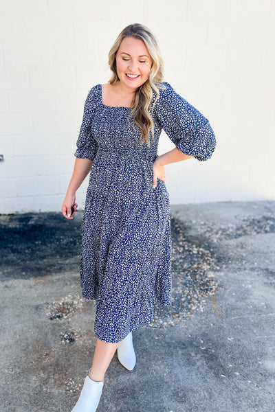 Fields of Blue Smocked Spotted Midi Dress
