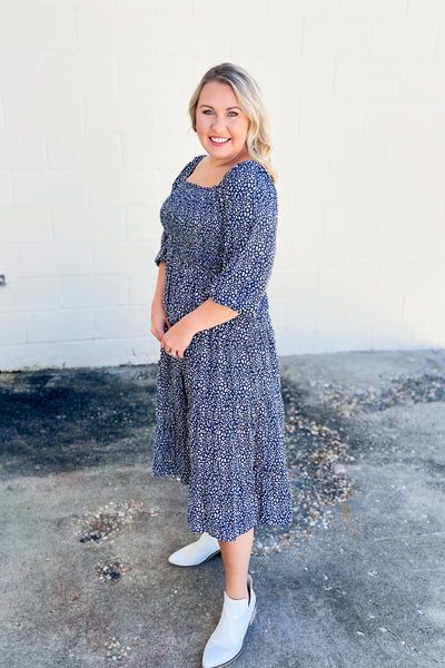 Fields of Blue Smocked Spotted Midi Dress
