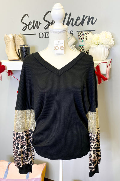 Time To Shine Leopard Sequin Colorblock Top