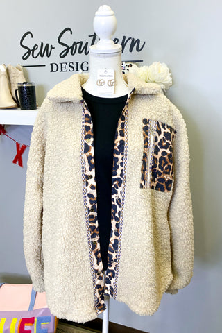 Murphy Sherpa Jacket with Leopard, Taupe