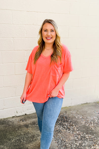 Paige Oversized Boyfriend Top, Neon Coral