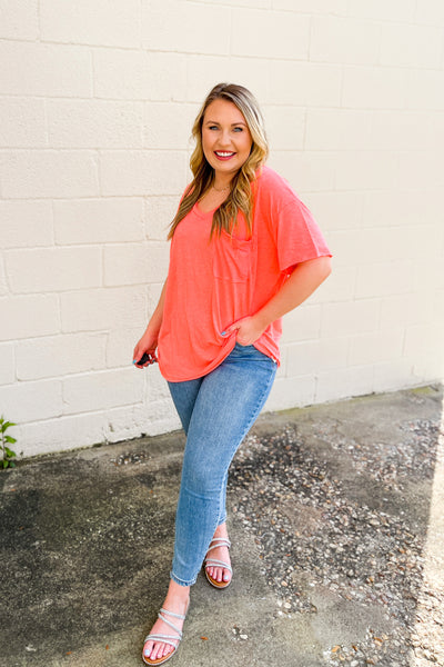 Paige Oversized Boyfriend Top, Neon Coral
